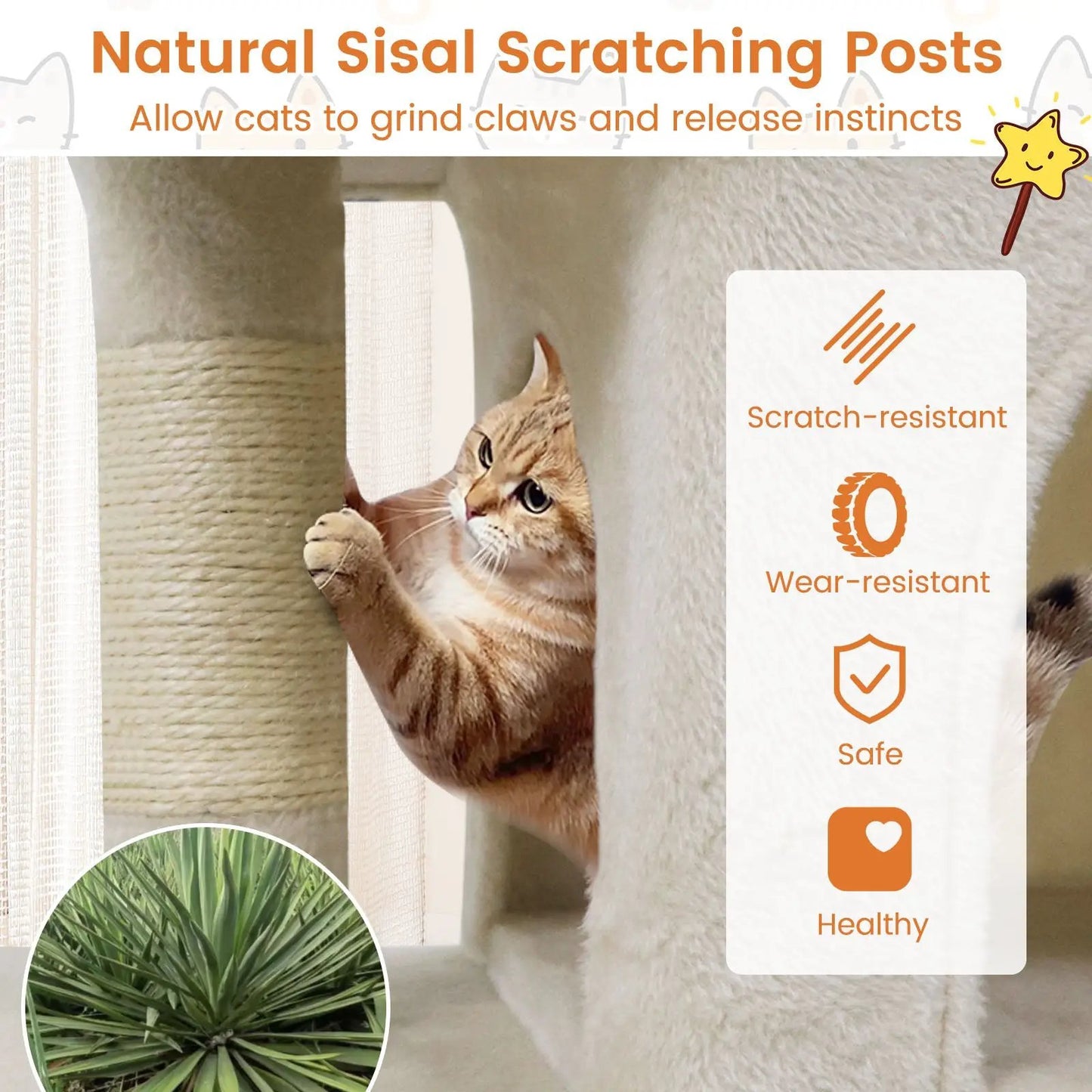 Modern cat tree with upholstered perch and condos in cream fabric with sisal posts DirectDeals on Tampa Home & Garden Store