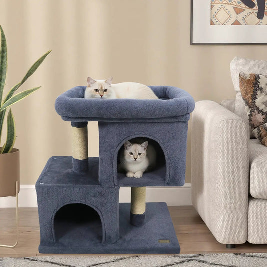 Modern Cat Tree With Upholstered Blue Perch and Condos by DirectDeals, blue fabric, 2 cats on Tampa Home & Garden Store