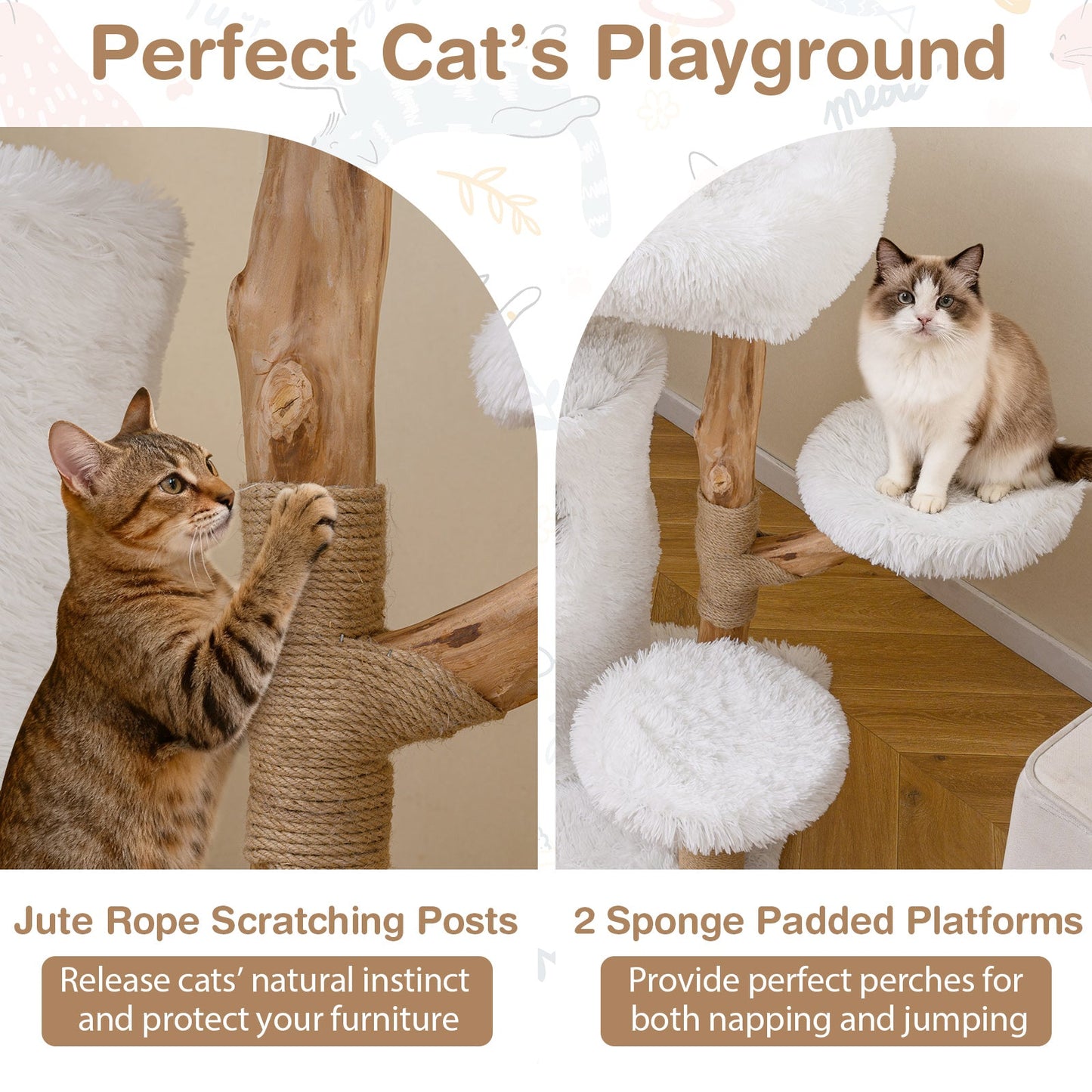 Modern Cat Tree With Real Wood Branches, natural wood posts, white plush platforms, rope posts on Tampa Home & Garden Store