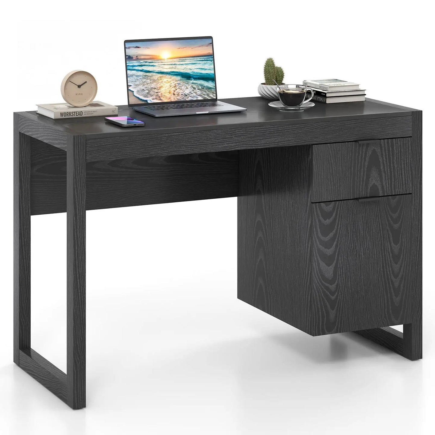 Modern computer desk with cabinet and drawer in dark wood grain, laptop on top on Tampa Home & Garden Store