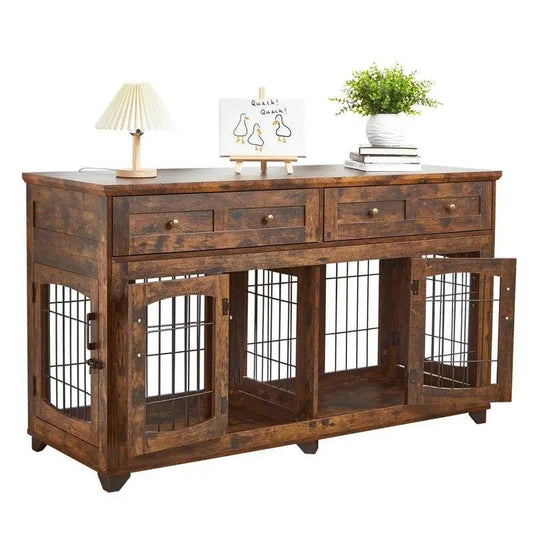 Dog Crate Furniture Openable Partition for Two The Max & Rex rustic wood with wire crates on Tampa Home & Garden Store