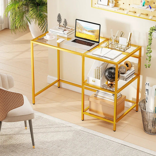 Modern gold console table with glass top and two-tier metal frame shelving on Tampa Home & Garden Store