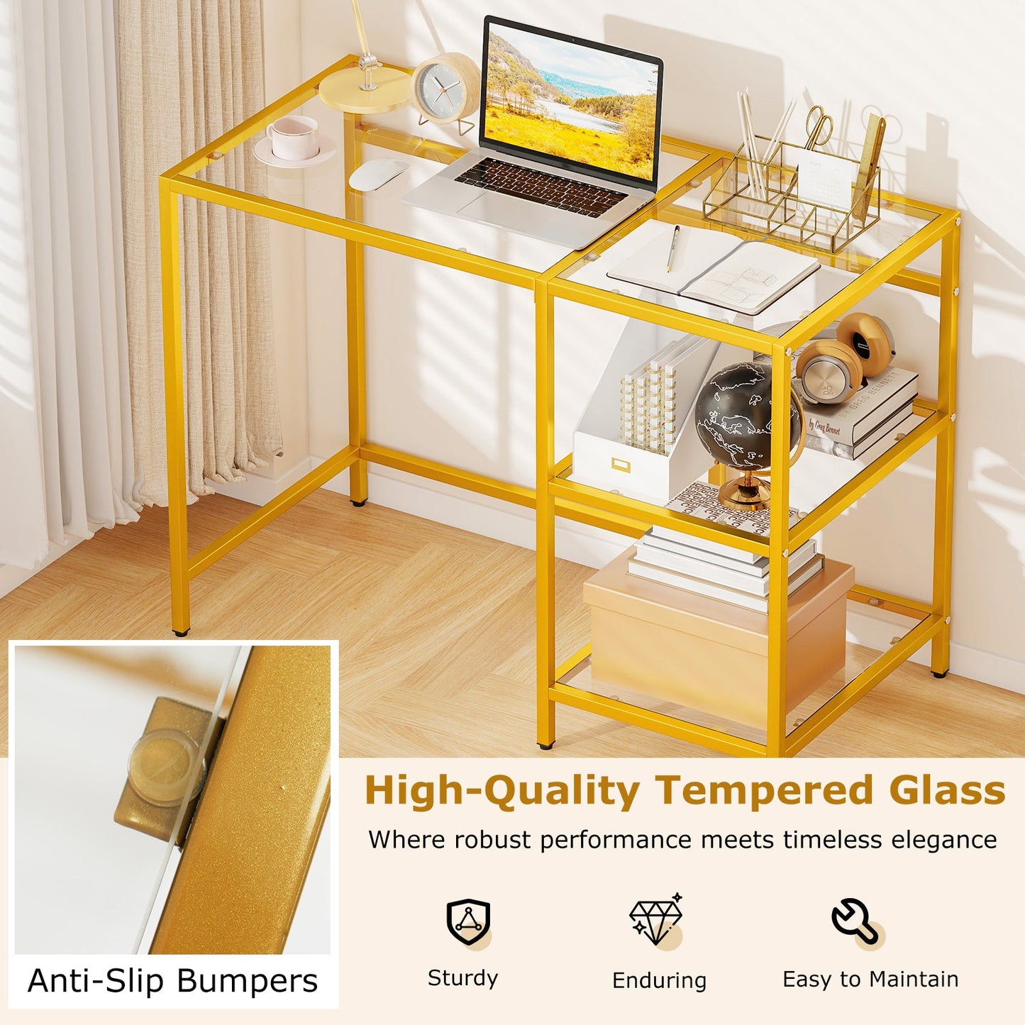 Modern Gold Console Table with Glass Shelves, 2-tier gold metal frame by DirectDeals on Tampa Home & Garden Store
