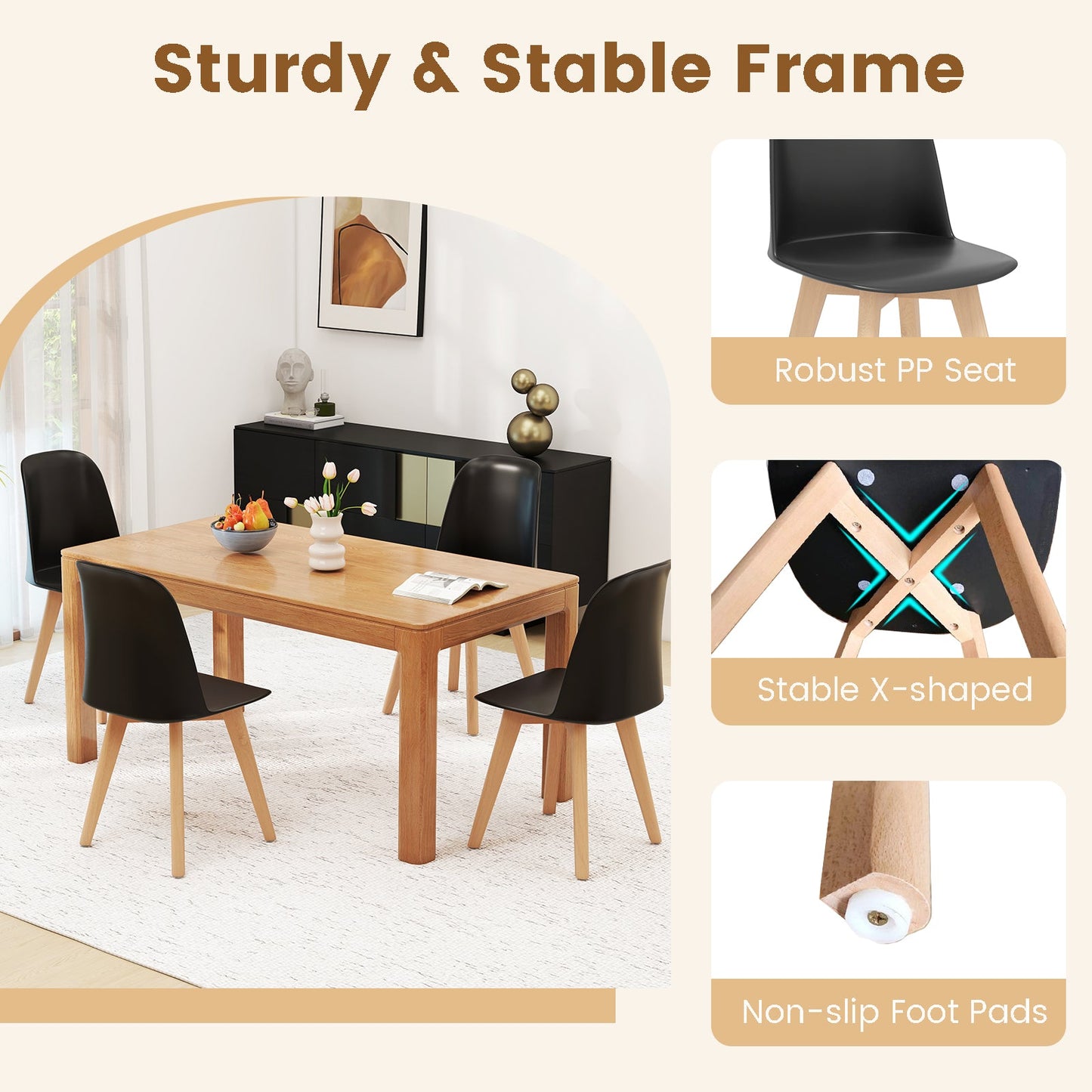 Modern Dining Chair Set of 2 with beech wood legs and black PP seats in a stylish dining room on Tampa Home & Garden Store