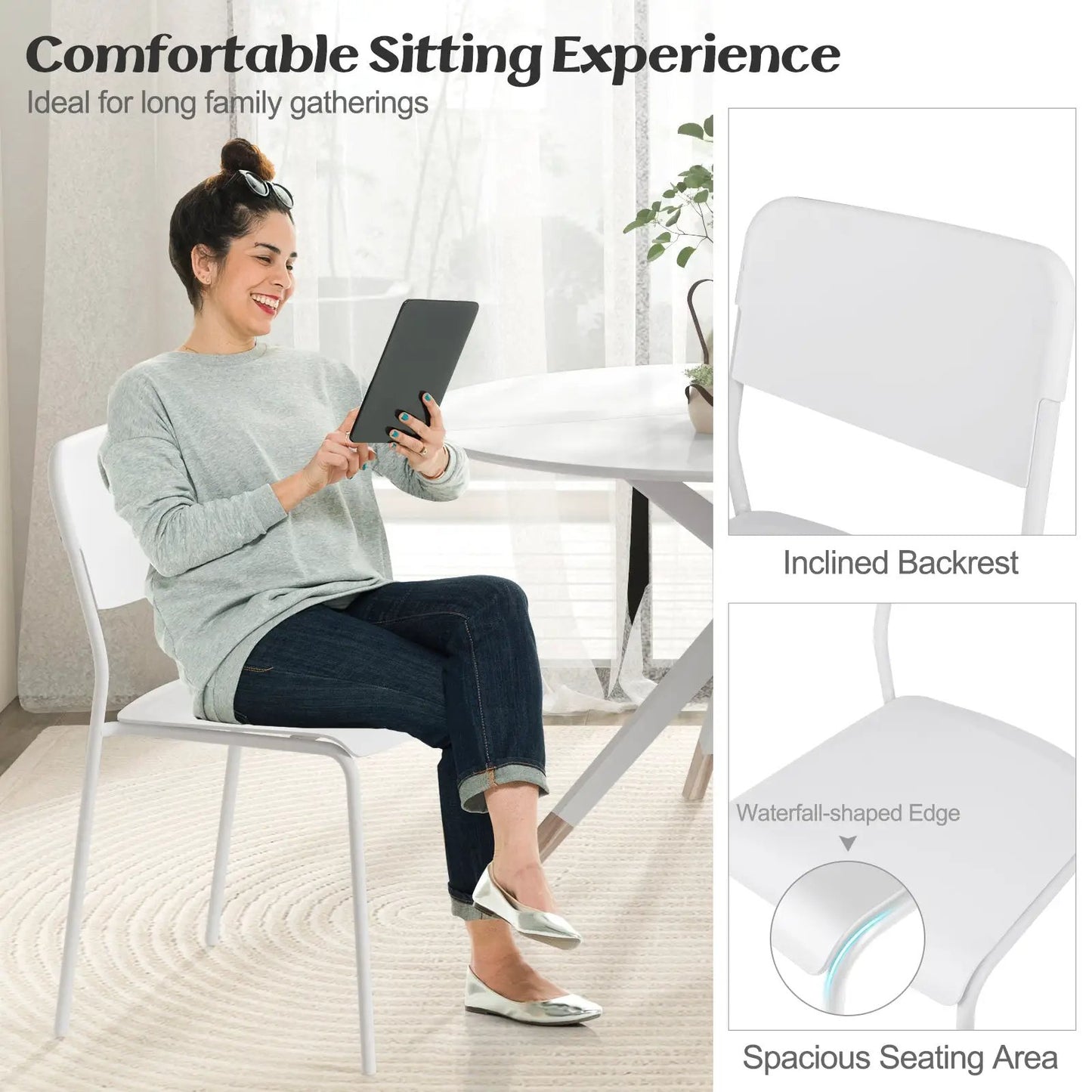 Modern Dining Chairs Set of 4 with tilted backrests, white seats and slim metal legs on Tampa Home & Garden Store