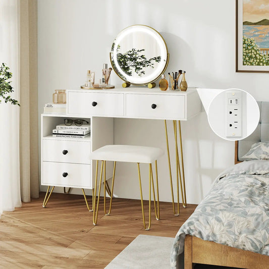 Heavy vanity desk with round illuminated mirror, white finish, black knobs, gold legs on Tampa Home & Garden Store