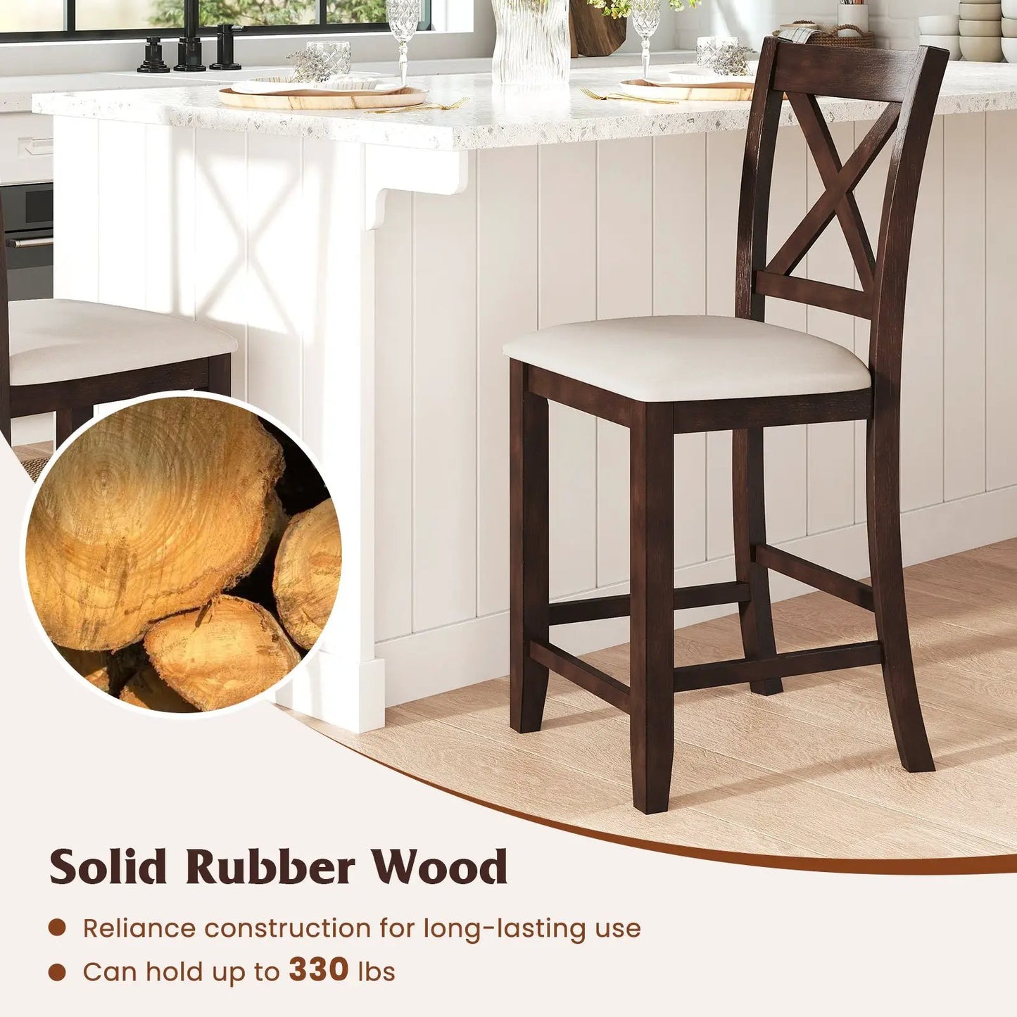 Modern Farmhouse Walnut Counter Height Stool, dark rubber wood frame on Tampa Home & Garden Store