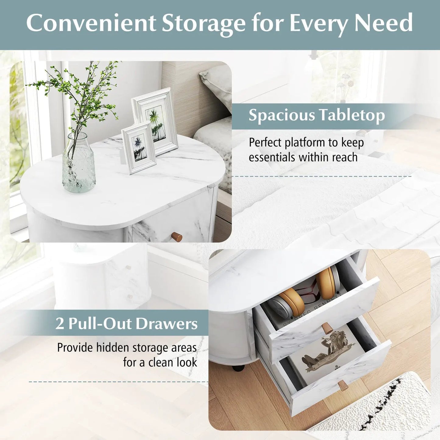 2-Drawer Nightstand Modern Faux Marble Bedside Table with Storage-White - Tampa Home & Garden Store