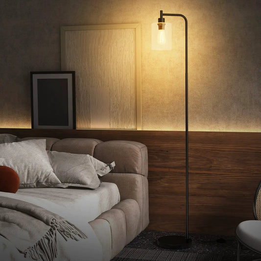 Modern floor lamp with glass lampshade and foot switch, black metal stem on Tampa Home & Garden Store