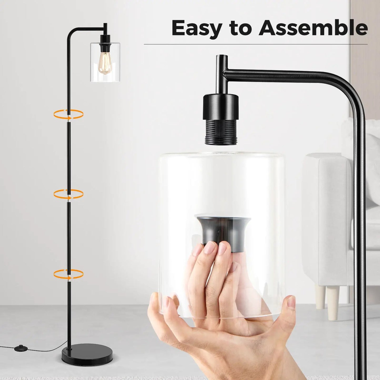 DirectDeals modern floor lamp with glass cylindrical shade, black metal finish, foot switch on Tampa Home & Garden Store