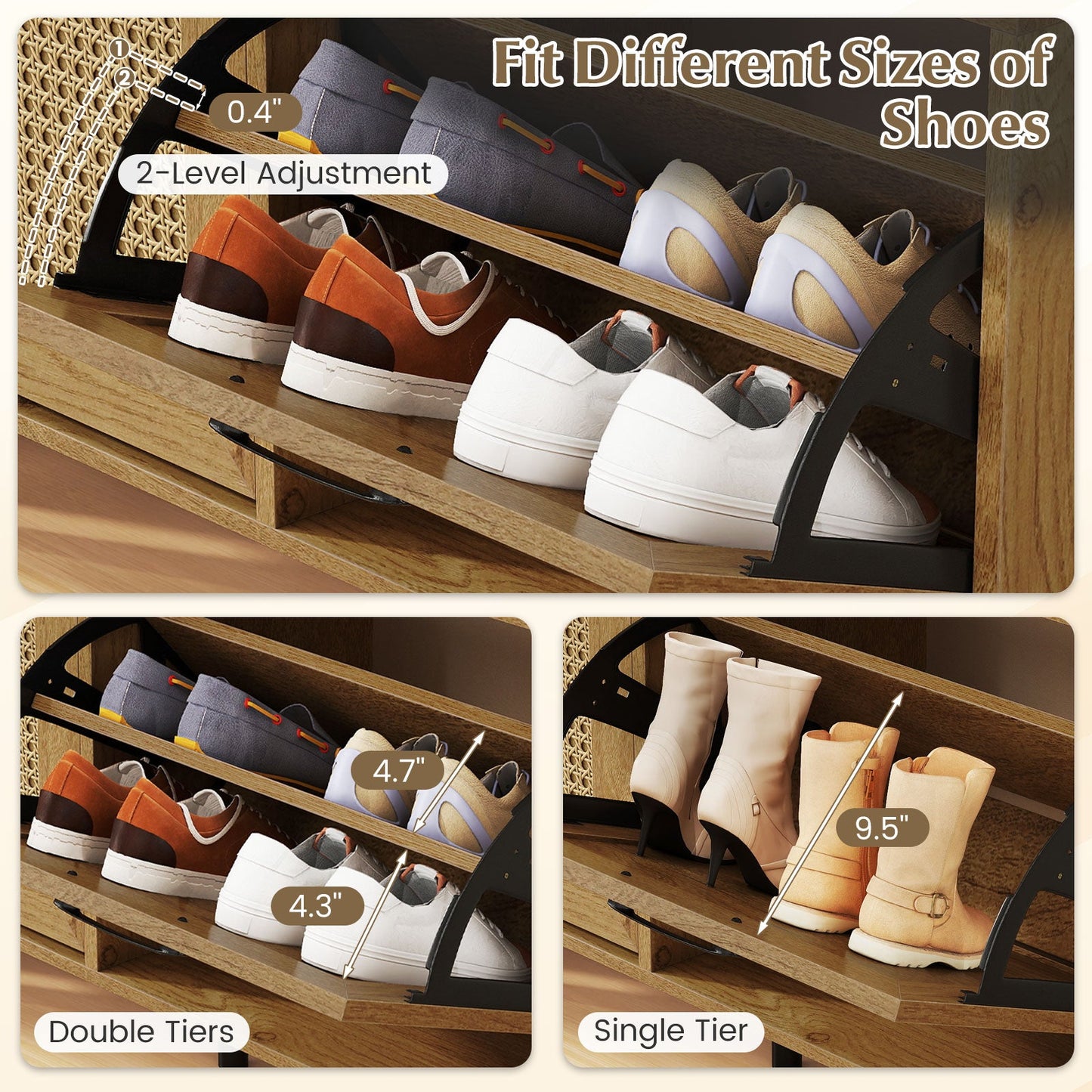 Modern freestanding shoe cabinet with 2 flip drawers and adjustable shelves, natural finish on Tampa Home & Garden Store