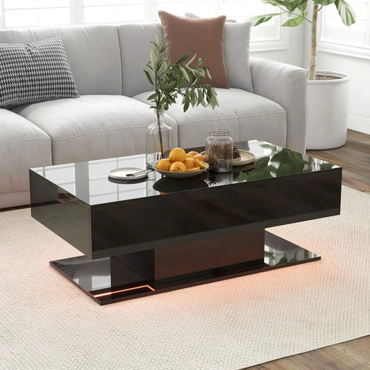 Modern black high-gloss LED coffee table with 20-color lighting and reflective top on Tampa Home & Garden Store