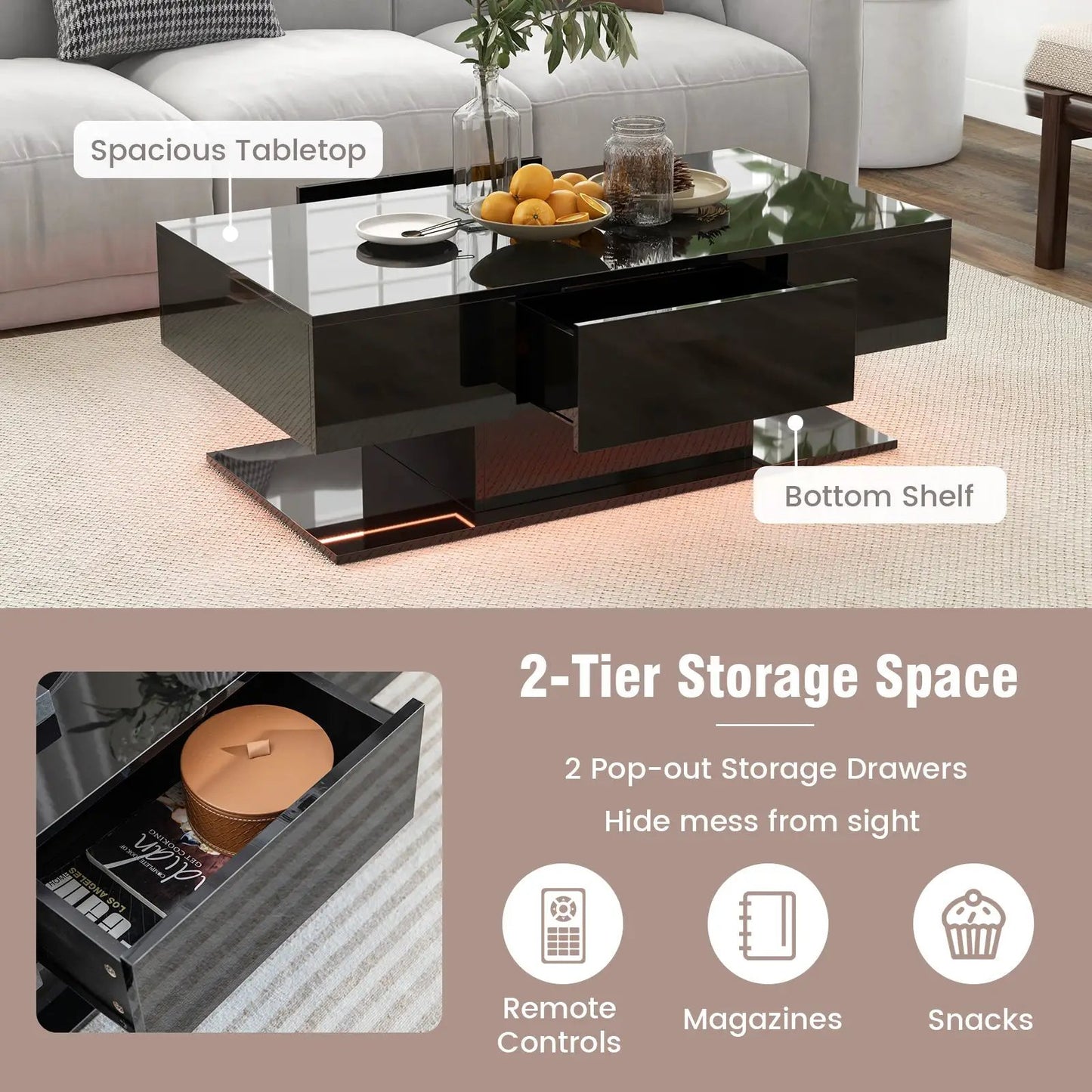 Modern LED Coffee Table with 20-color lights, black gloss finish, 2 drawers and bottom shelf on Tampa Home & Garden Store