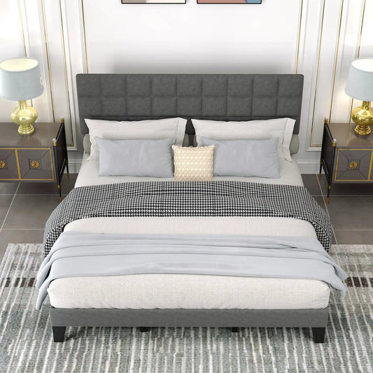 King size modern linen bed frame with gray upholstered headboard and matching bedding on Tampa Home & Garden Store