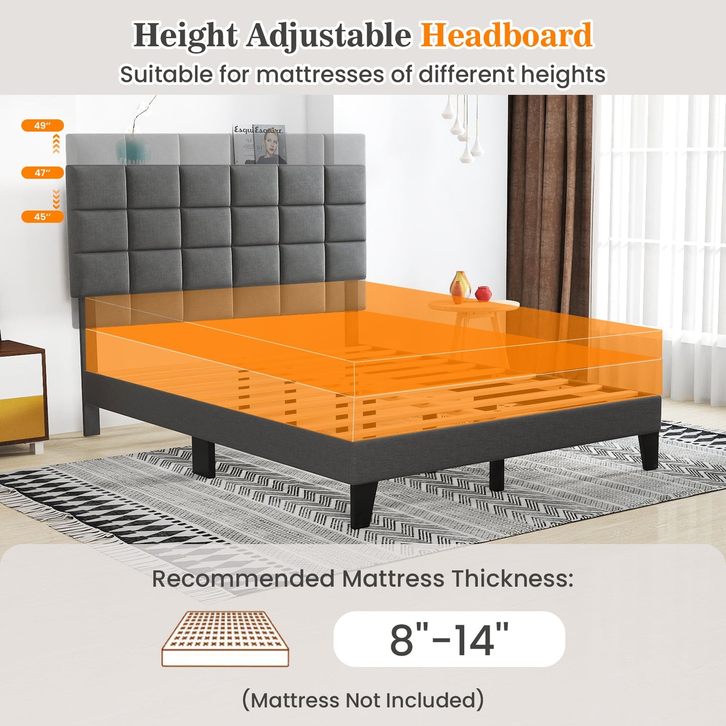 Estructura de cama moderna de lino tamaño queen con cabecero ajustable - Gris