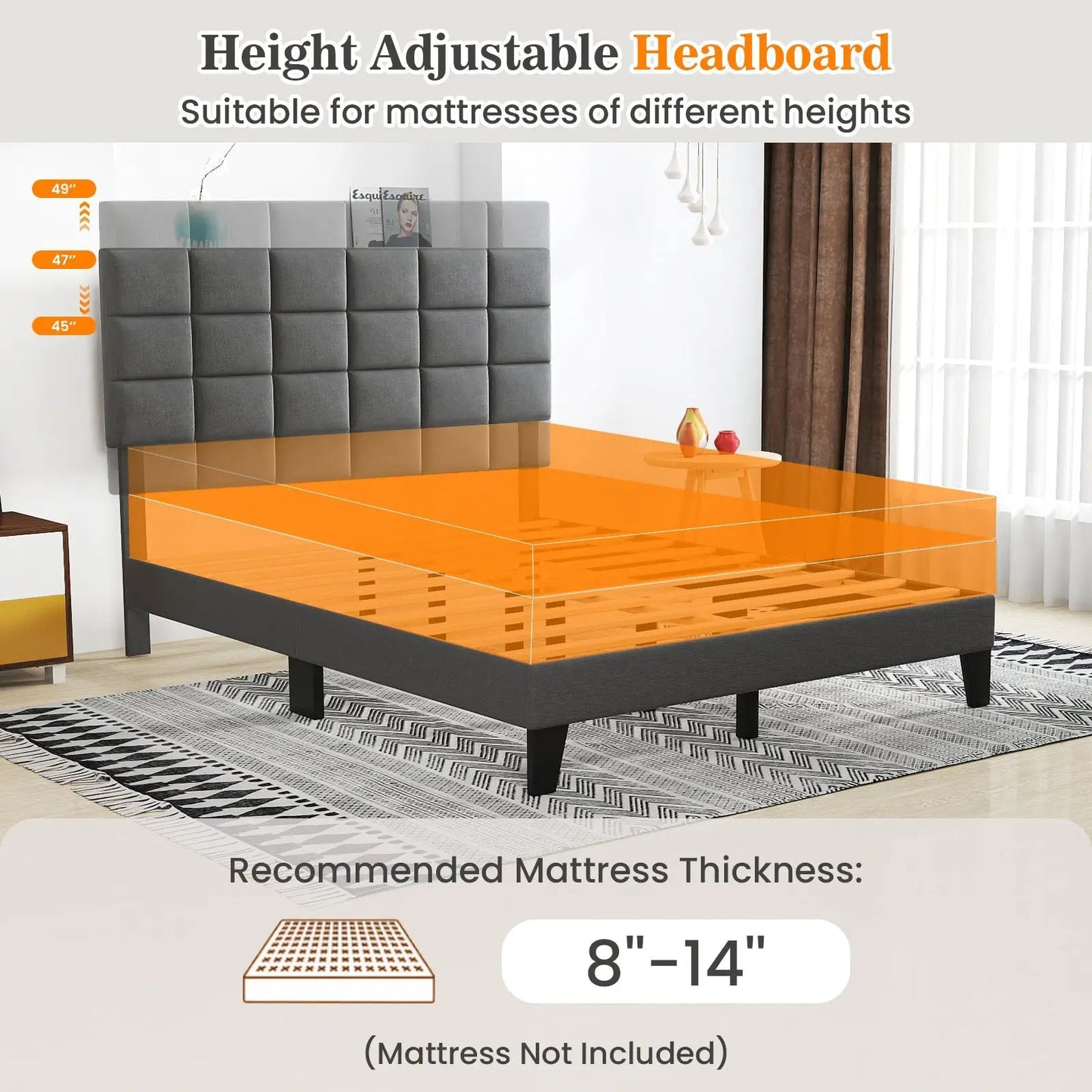 Queen Size Modern Linen Bed Frame with Adjustable Headboard-Gray - Tampa Home & Garden Store