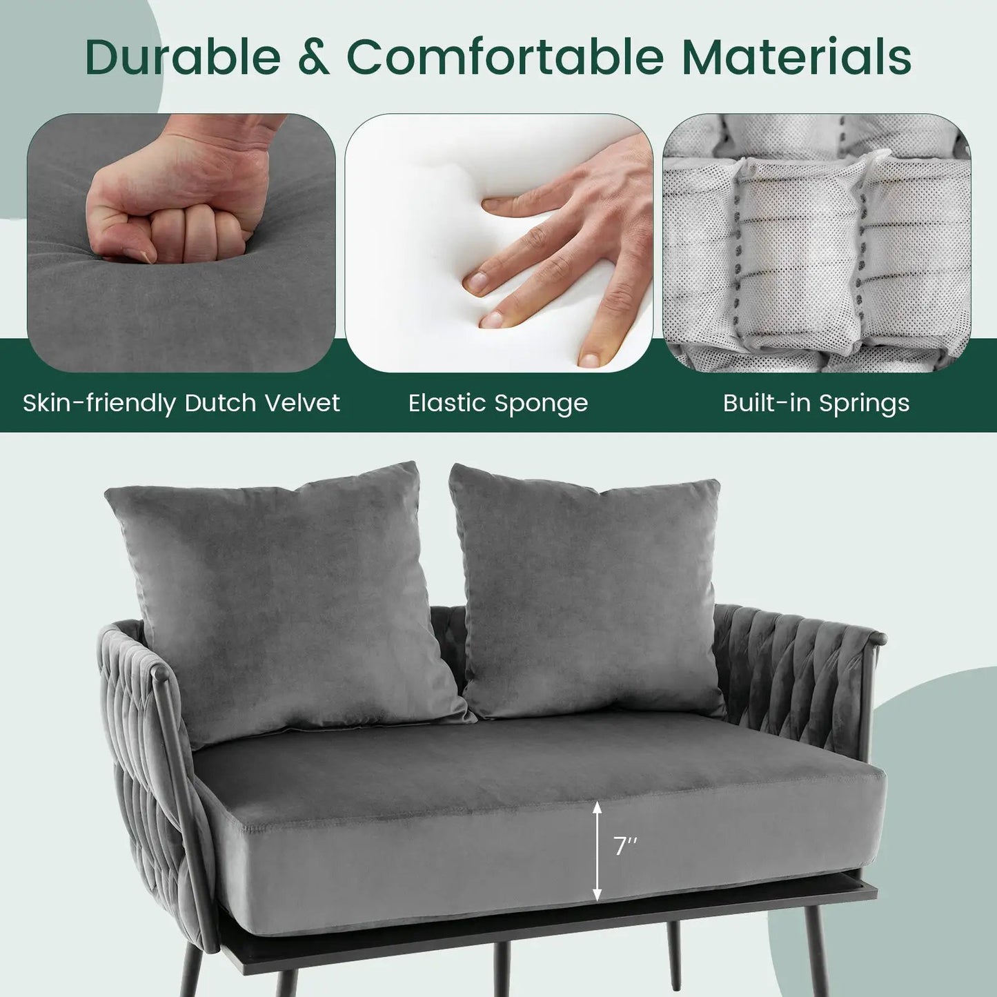 Modern Loveseat Sofa Upholstered Dutch Velvet Sofa Couch-Gray - Tampa Home & Garden Store