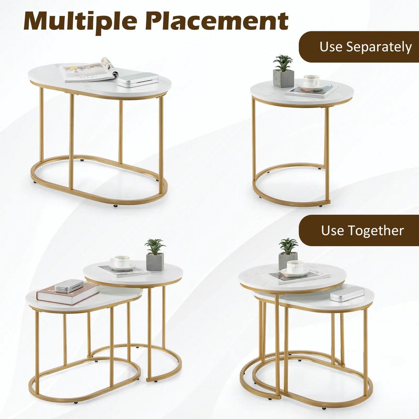 Modern nesting coffee tables set of 2 with white marble tops and gold metal frames on Tampa Home & Garden Store