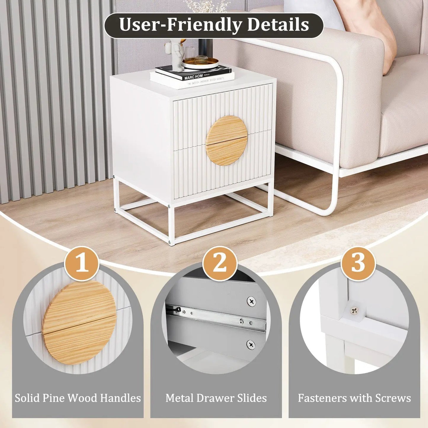 Modern mid-century white fluted nightstand with 2 drawers and round wood knob DirectDeals on Tampa Home & Garden Store