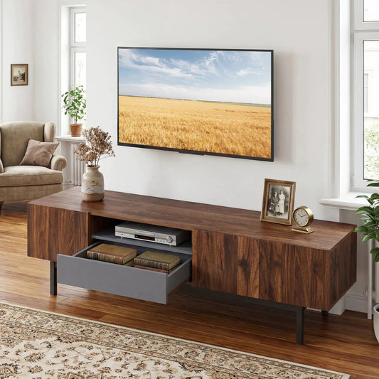 Modern mid-century TV cabinet with walnut veneer and gray pull-out drawer on Tampa Home & Garden Store
