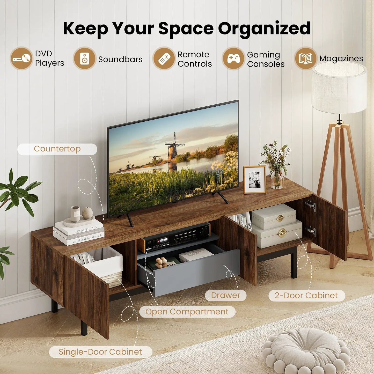 Modern mid-century TV cabinet in walnut with drawer and open compartments by DirectDeals on Tampa Home & Garden Store