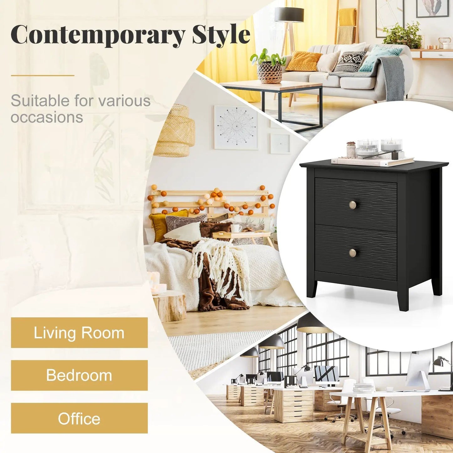 Modern nightstand with 2 drawers in black finish, round knobs for small spaces DirectDeals on Tampa Home & Garden Store