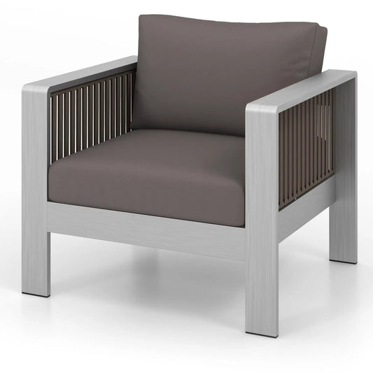 DirectDeals patio aluminum armchair with thick taupe cushions and slatted side panels on Tampa Home & Garden Store