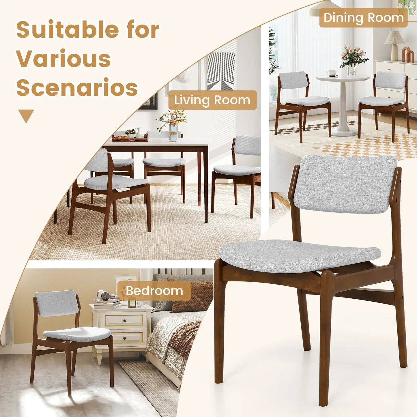 Modern padded dining chairs with rubber wood legs, brown frames and gray upholstery 4-pack on Tampa Home & Garden Store