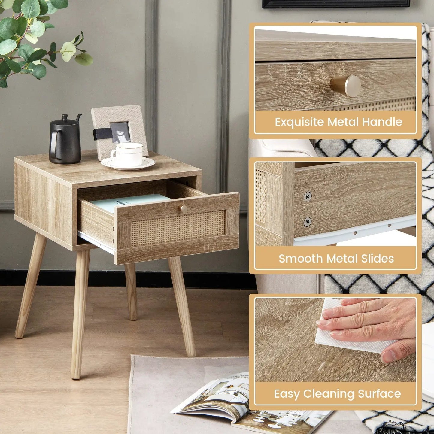 Modern rattan nightstand with drawer and wooden legs in natural finish DirectDeals on Tampa Home & Garden Store