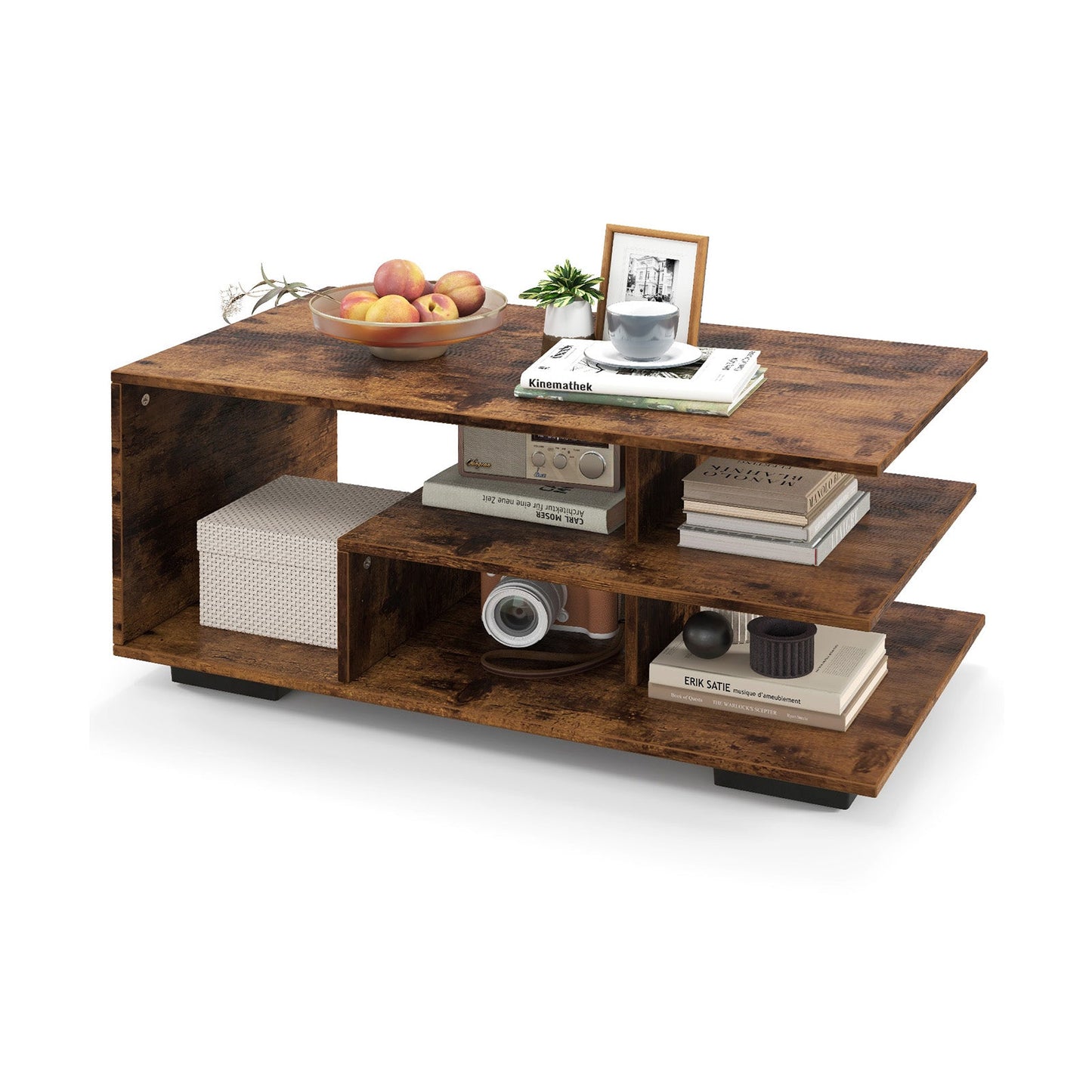 Mesa de centro rectangular con estante central en forma de L - Blanco