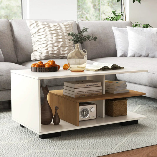 Rectangular white coffee table with L-shaped middle shelf and lower storage on Tampa Home & Garden Store