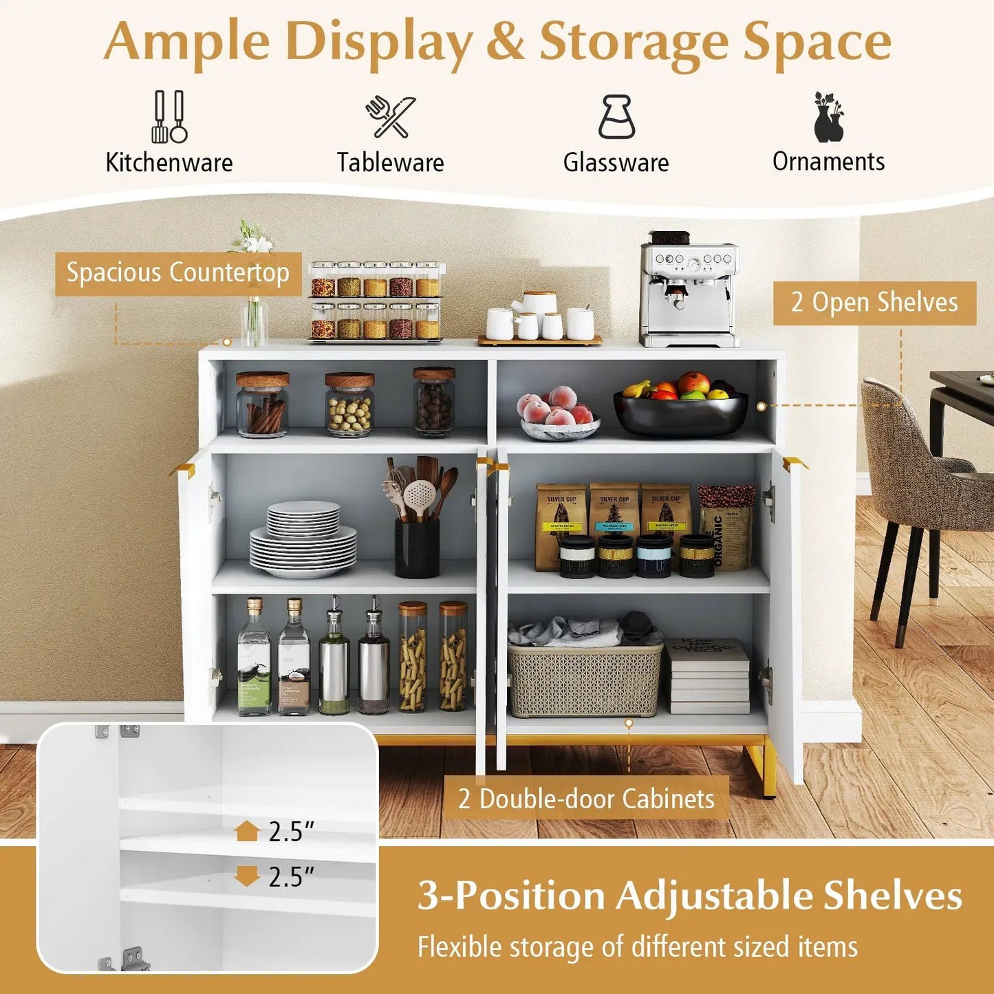 Modern Sideboard Cabinet with 4 Doors and Adjustable Shelves-White - Tampa Home & Garden Store