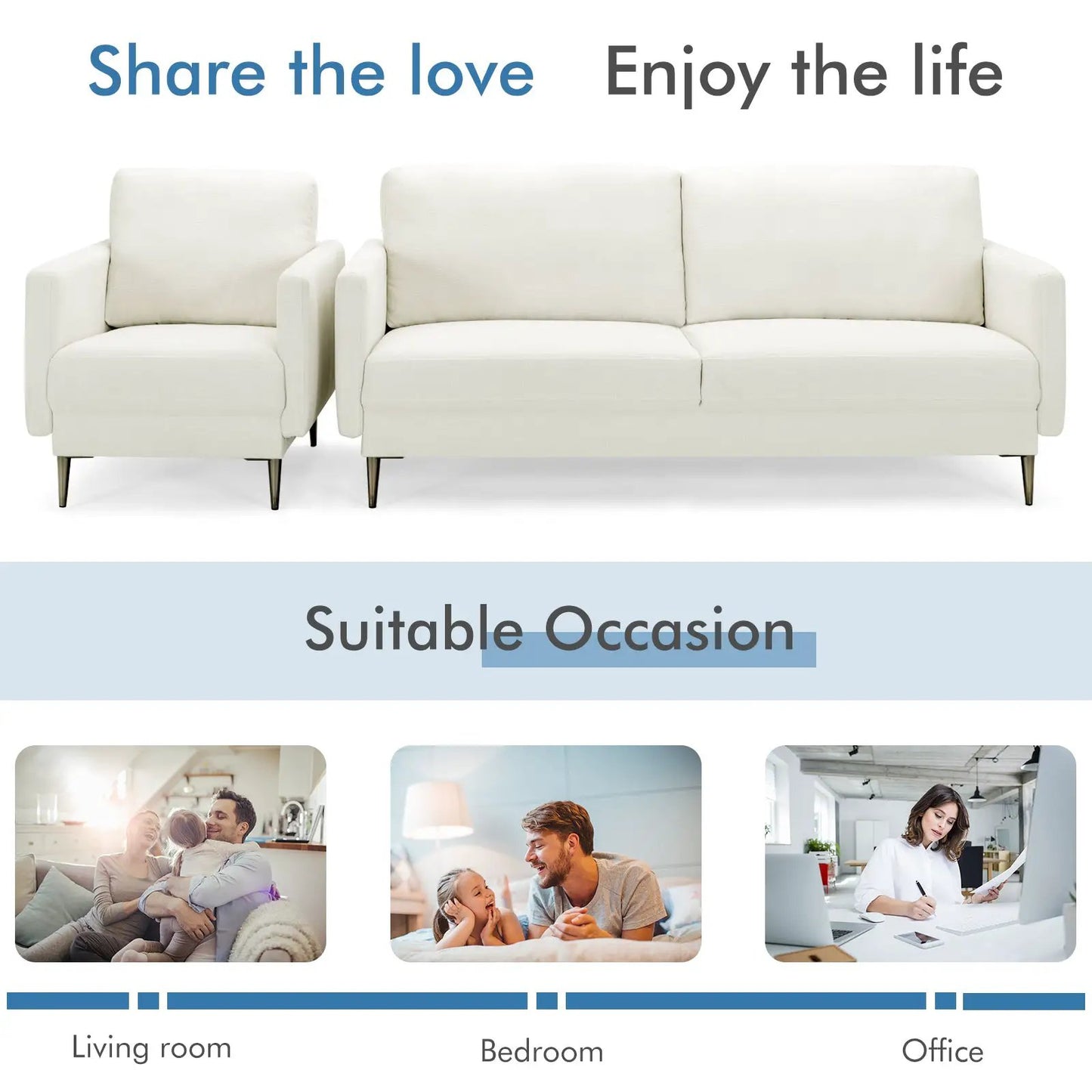 White modern sofa with metal legs and removable back cushions, plus matching armchair on Tampa Home & Garden Store