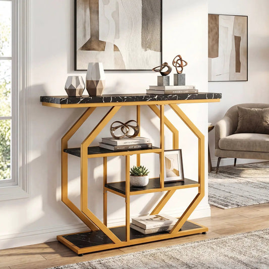 Modern sofa table 4-tier console with black marble top and gold geometric frame on Tampa Home & Garden Store