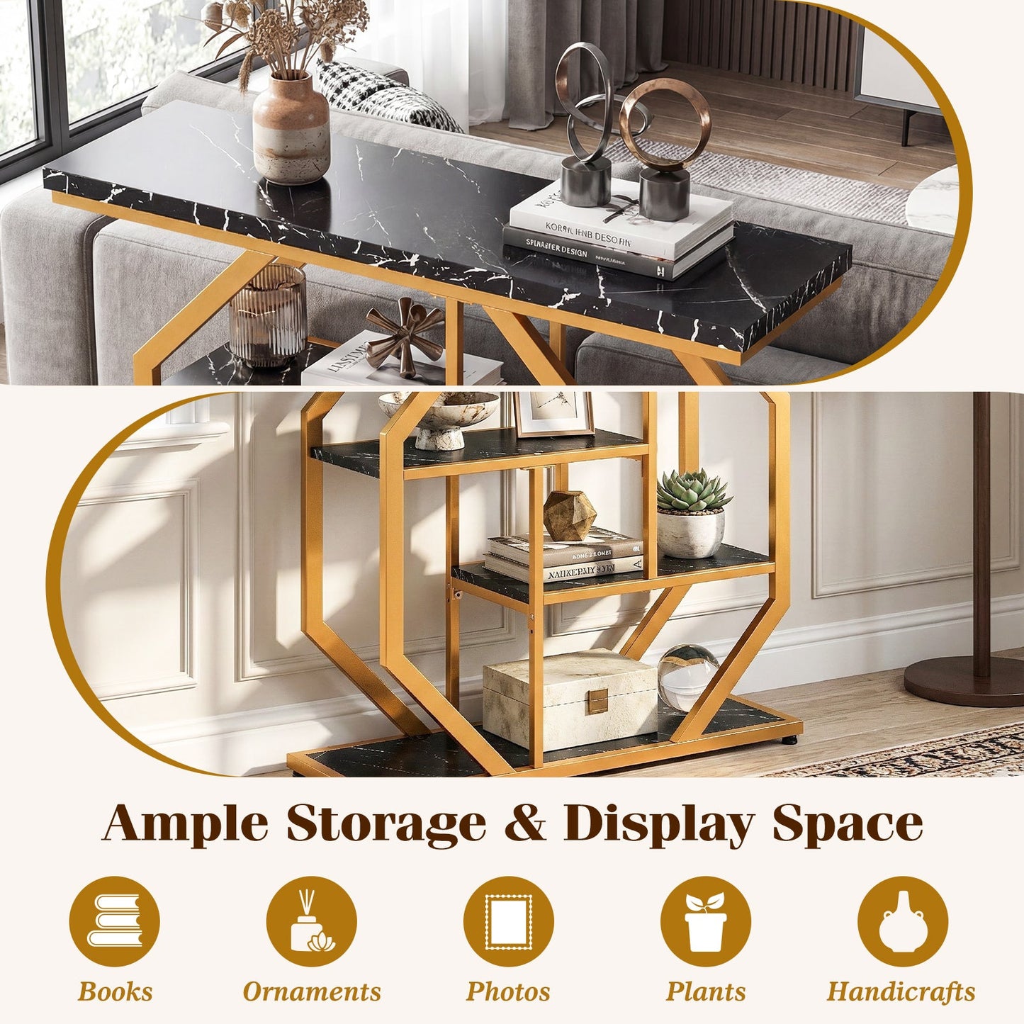 Modern Sofa Table Behind Couch 4-Tier Console with black marble top and gold frame on Tampa Home & Garden Store
