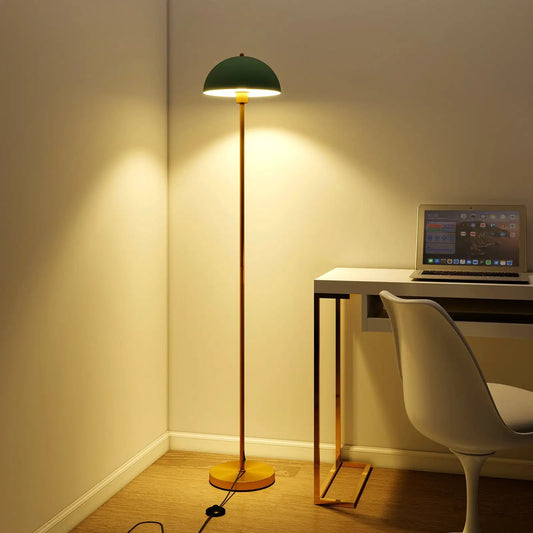 Modern standing lamp with adjustable head, green dome shade, wooden stem and foot switch on Tampa Home & Garden Store