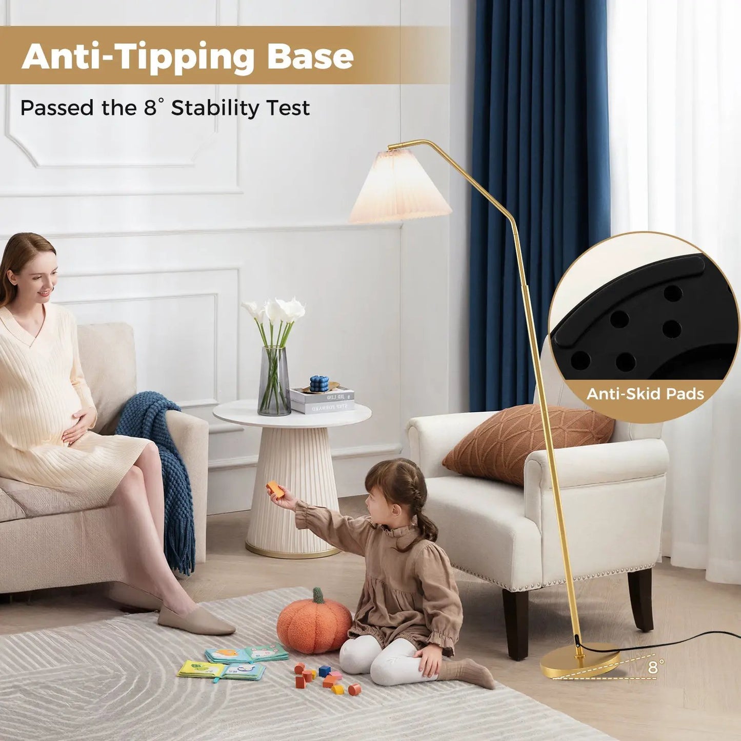 Modern Standing Lamp with Pleated Lampshade in gold-tone metal with adjustable arm on Tampa Home & Garden Store