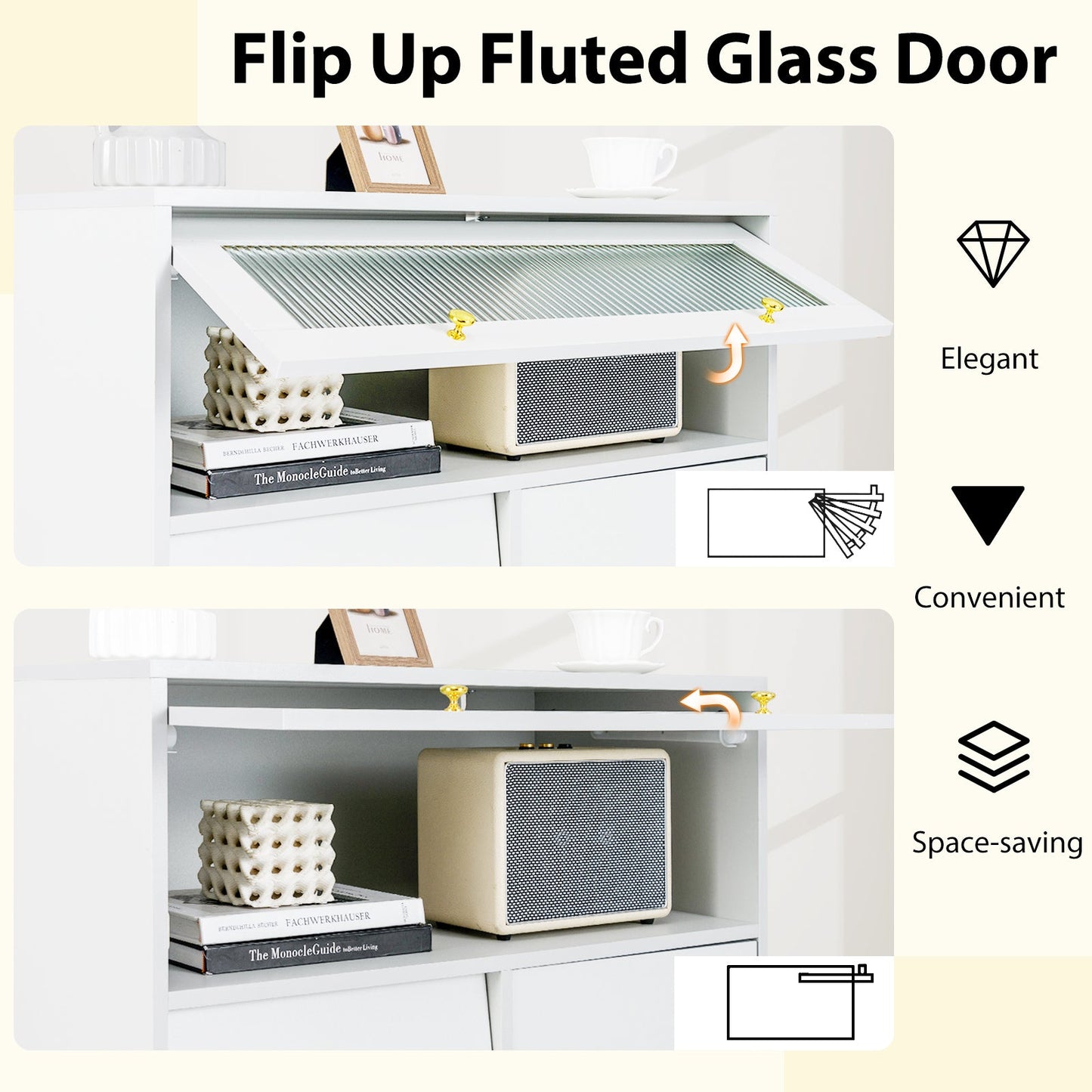 Cómoda con puerta de cristal estriado abatible para dormitorio o cocina - Gris