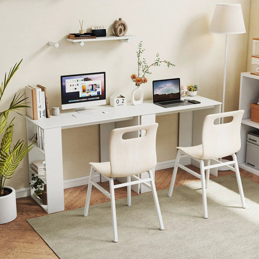 Compact white computer desk with bookshelf, dual workstation setup, two white chairs on Tampa Home & Garden Store