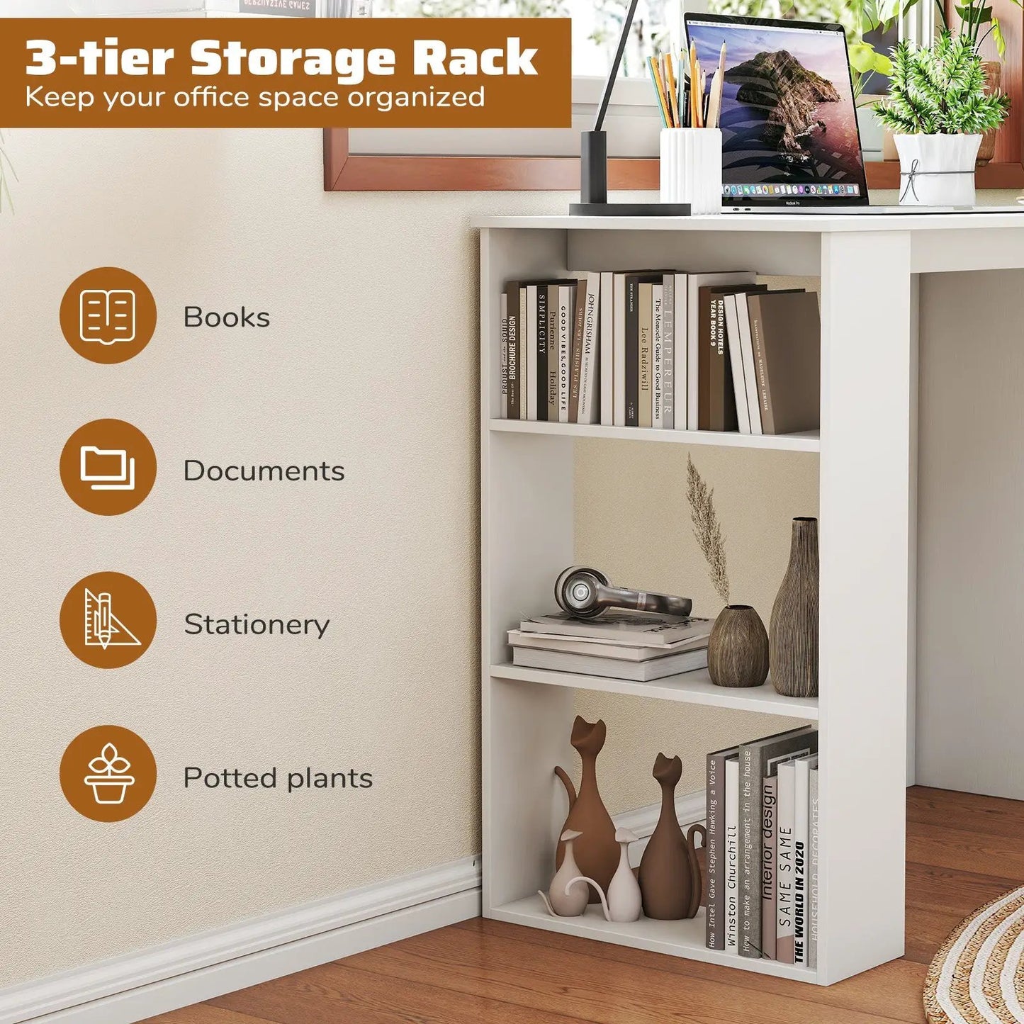 White compact computer desk with bookshelf, laptop on top and books on the shelf on Tampa Home & Garden Store