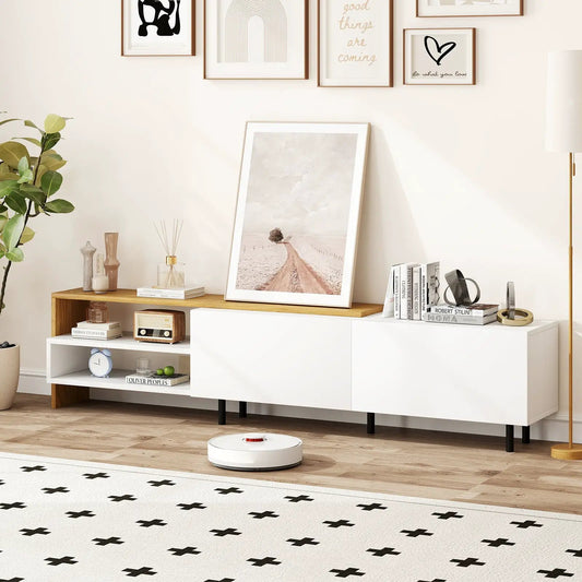 Modern TV Stand for 80-Inch TVs with storage, white and wood finish, shelves and cabinets on Tampa Home & Garden Store