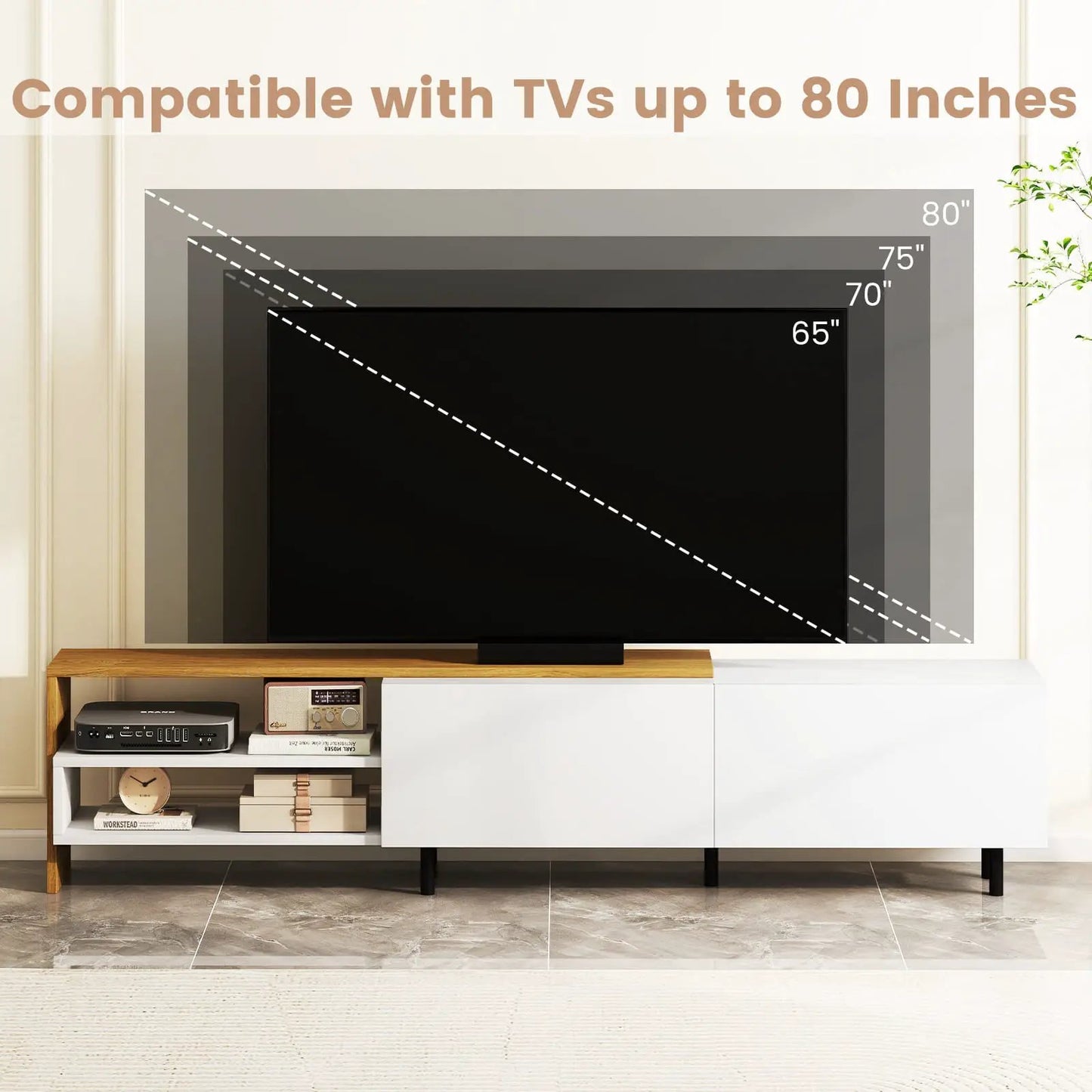 DirectDeals white TV stand for 80-inch TVs with storage cabinets and open shelves wood top on Tampa Home & Garden Store