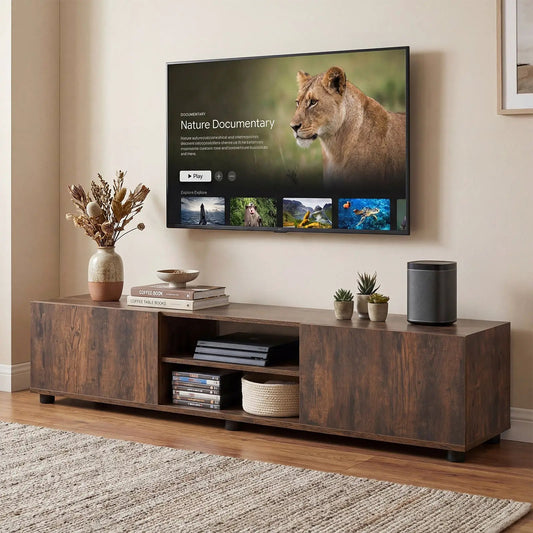 Modern TV Stand for 70 inch TVs by DirectDeals in rustic brown with 2 doors and open shelves on Tampa Home & Garden Store