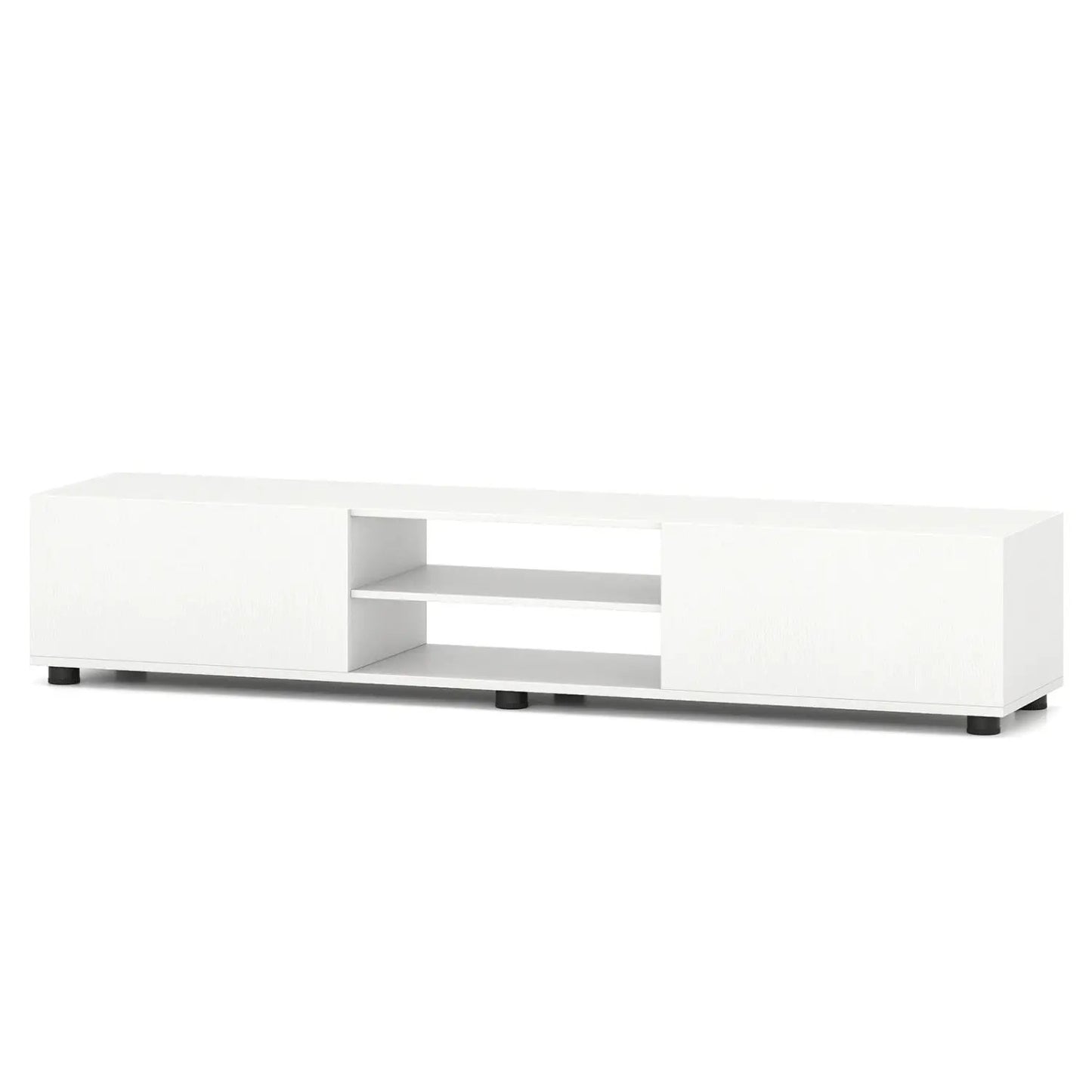 White modern TV stand for 70 inch TVs with open center shelves and side cabinets on Tampa Home & Garden Store