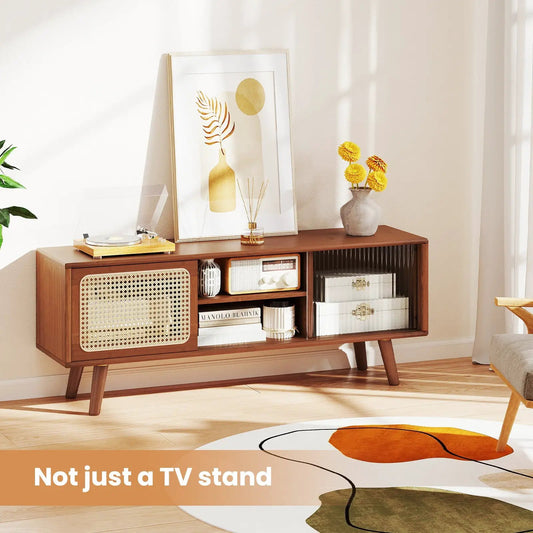 Modern brown wood TV stand with rattan-woven cabinet and glass sliding doors on Tampa Home & Garden Store