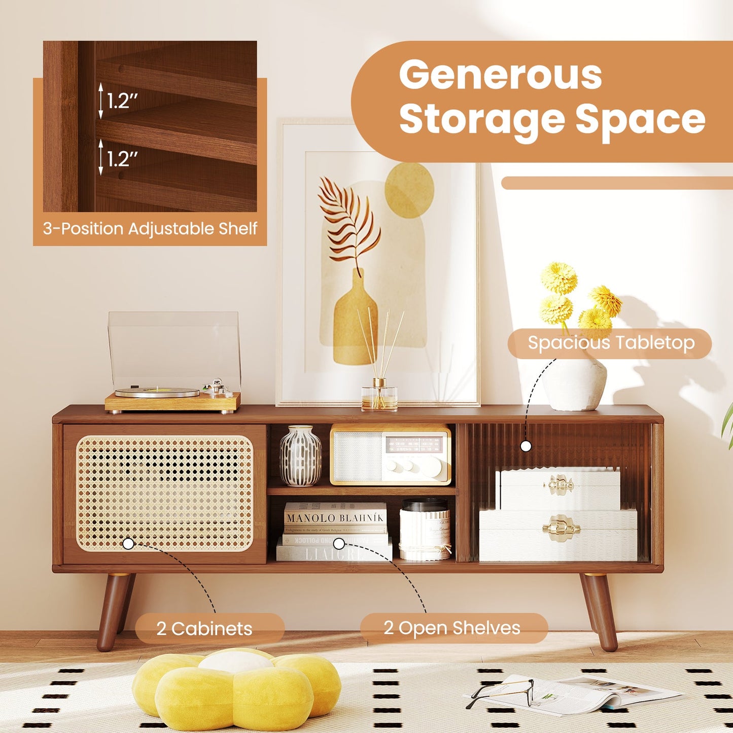 Mueble de TV Moderno con Puertas Correderas de Cristal Rattan-Marrón
