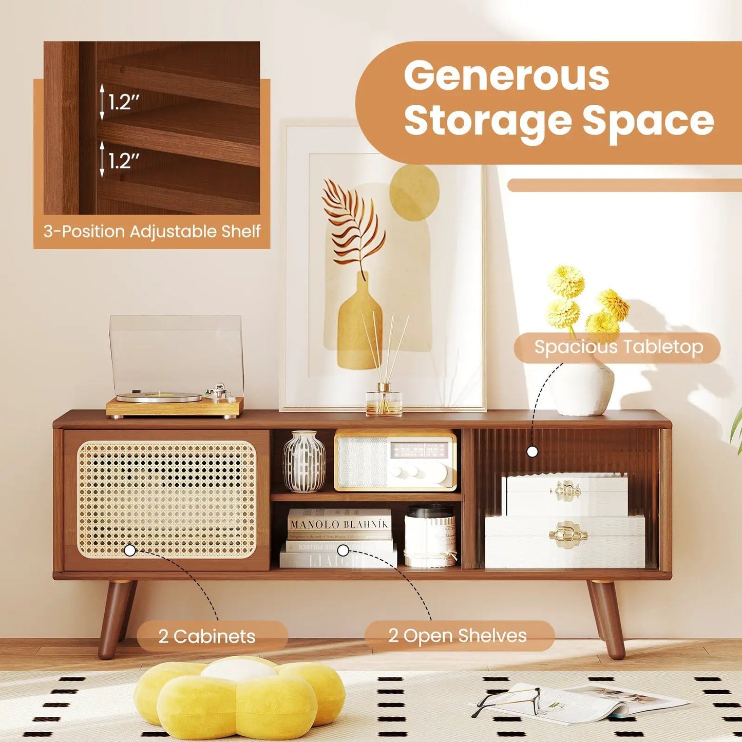 Modern TV Stand with Rattan Glass Sliding Doors-Brown - Tampa Home & Garden Store