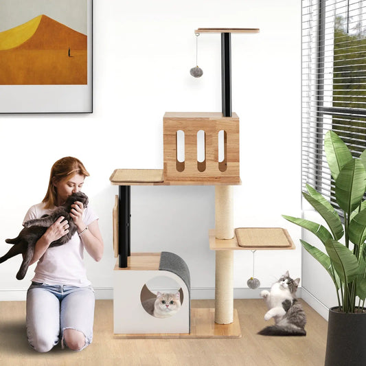 Modern Cat Tower with Double Condos and Balls in natural wood with black posts on Tampa Home & Garden Store