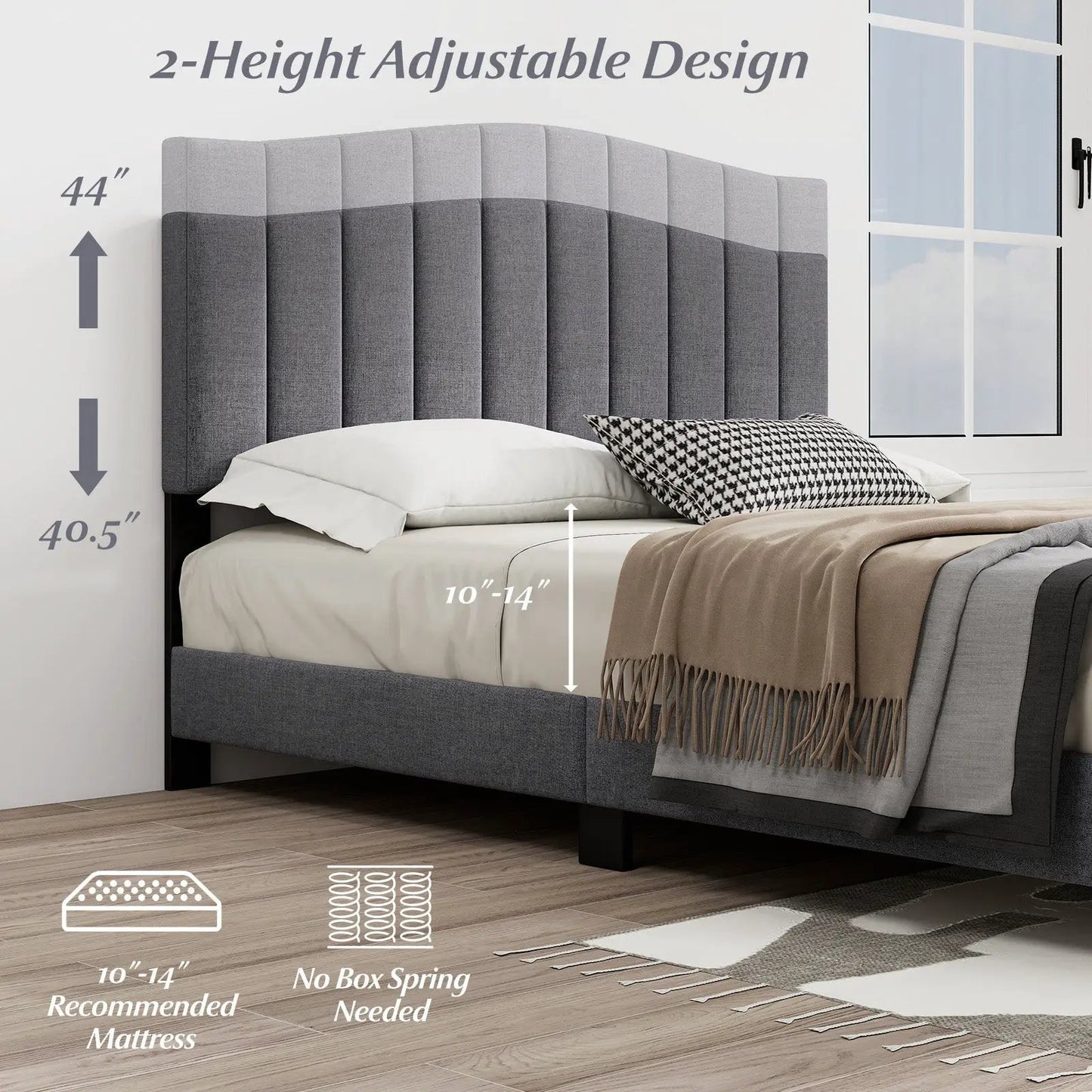 Modern Queen Upholstered Bed Frame Headboard in gray fabric with vertical channel tufting platform bed on Tampa Home & Garden Store
