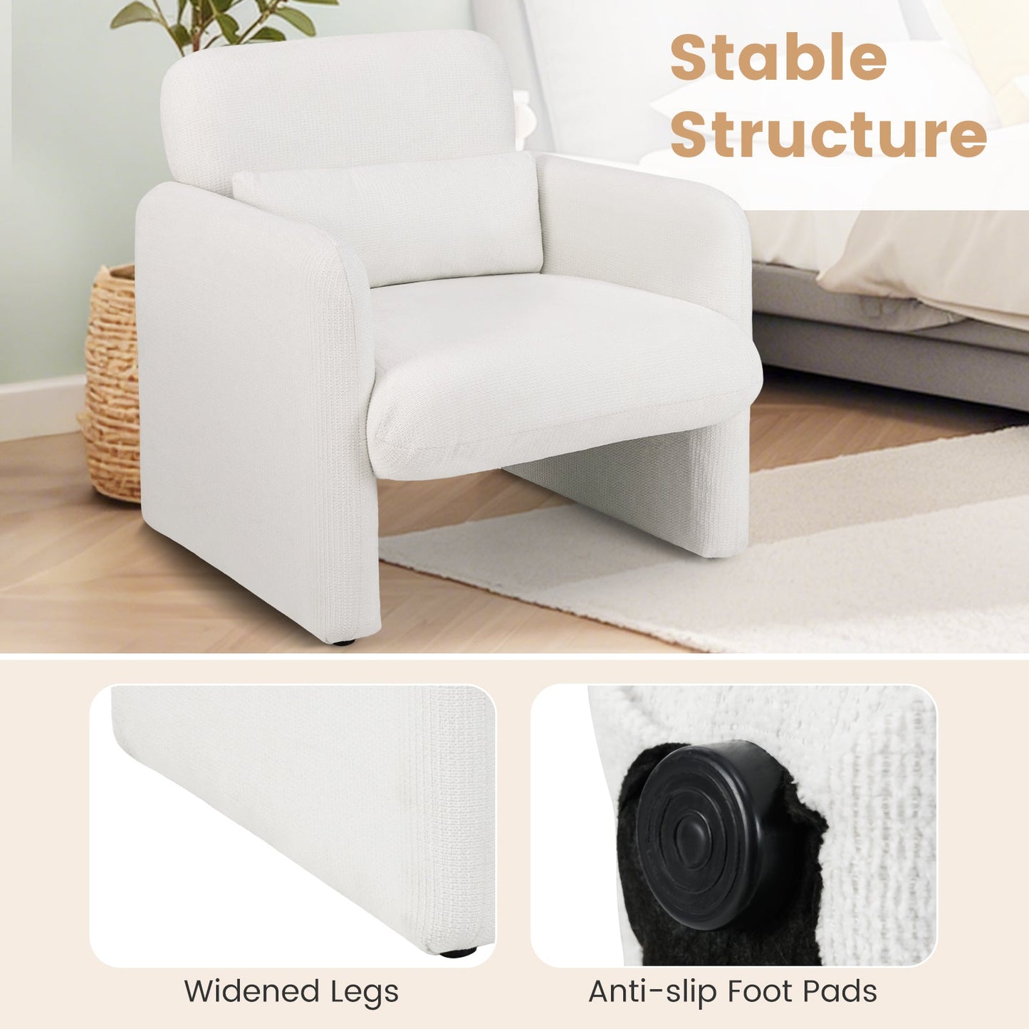 Modern Chenille Accent Chair with Lumbar Pillow, white fabric, DirectDeals on Tampa Home & Garden Store